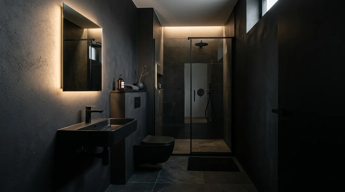 Keep the layout minimal and geometric inspiration for a black bathroom.